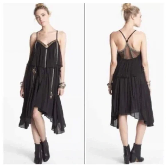 Free People Black and Gold Mini Dress Chiffon Asymmetric Boho Embroidered - Picture 3 of 8